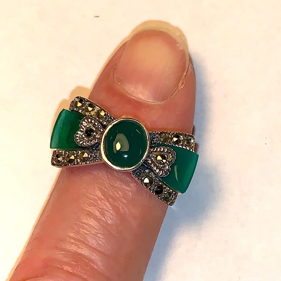 Sterling, silver vintage jade earrings & ring set - Picture 3 of 6
